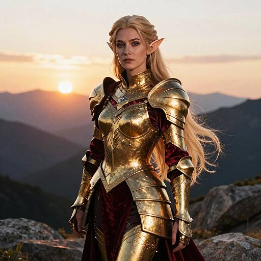 Photograph of a blonde, elven woman with pointed ears in golden armor standing at sunset in a mountainous, rocky landscape.