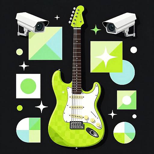 Chartreuse Electric Guitar with Security Cameras Pop-Art
