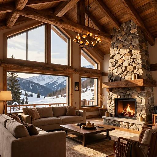 Cozy mountain lodge living room: wooden ceiling, stone fireplace, roaring fire, large windows, snow-covered mountain view, beige sofas, wooden coffee table