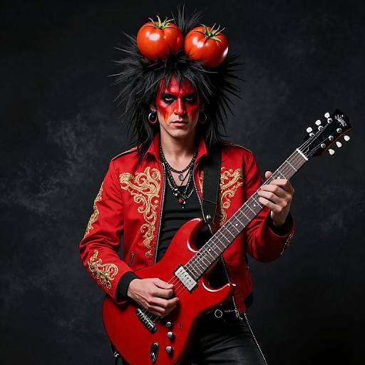 Photograph of a rock musician with red face paint, black spiky hair, tomato hat, red embroidered jacket, black shirt, playing a red electric