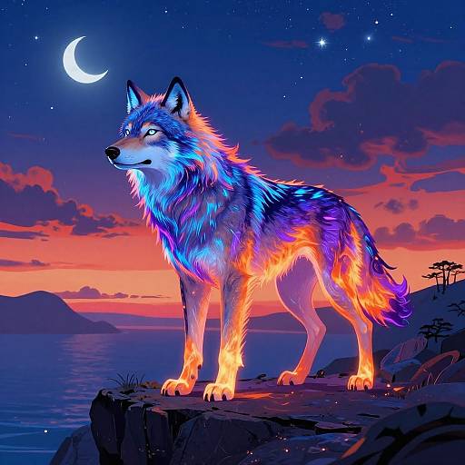 Digital art of a glowing, bioluminescent wolf with vibrant blue, purple, and orange fur standing on a rocky cliff at sunset, under a