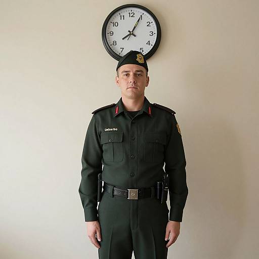 Man in Uniform by Clock Wall