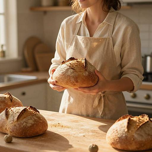 Photograph of a woman in a beige apron holding a freshly baked loaf of bread, sunlight illuminating a cozy kitchen.