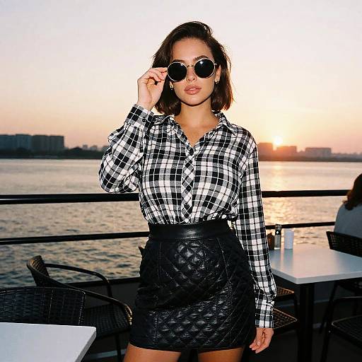 Photograph of a woman with short dark hair, wearing a black-and-white plaid shirt and black textured skirt, adjusting sunglasses at sunset on a waterfront