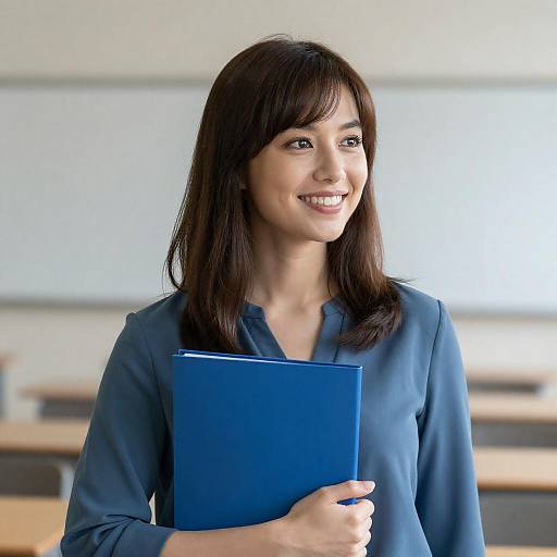 Smiling Woman Holding Blue Folder