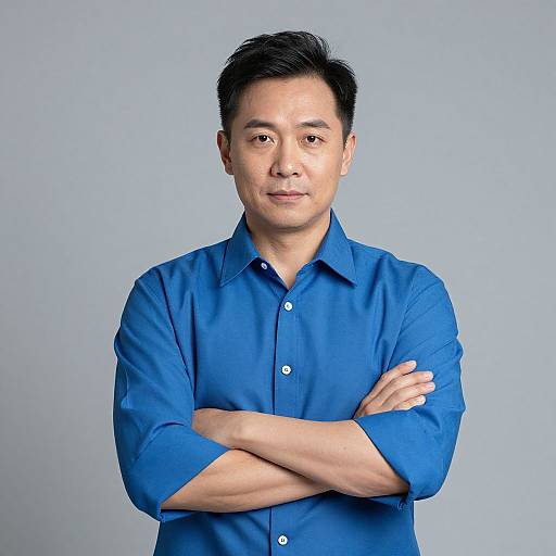 Photograph of an Asian man with short black hair, wearing a bright blue button-up shirt, arms crossed, standing against a light gray background.