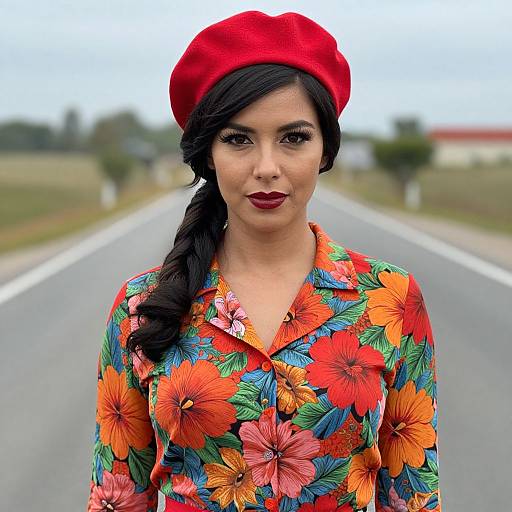 Photograph of a Latina woman with dark hair in a side braid, wearing a red beret, vibrant floral blouse, standing on a rural road