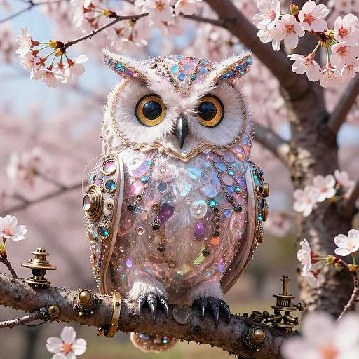 Steampunk Cherry-Blossom Owl in Electric Dream