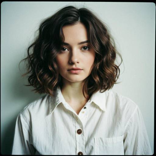 Woman with Wavy Lob Hairstyle in White Shirt