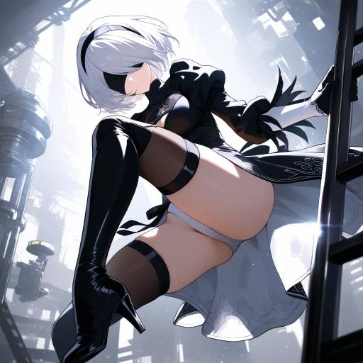Futuristic Anime Character Climbing Ladder