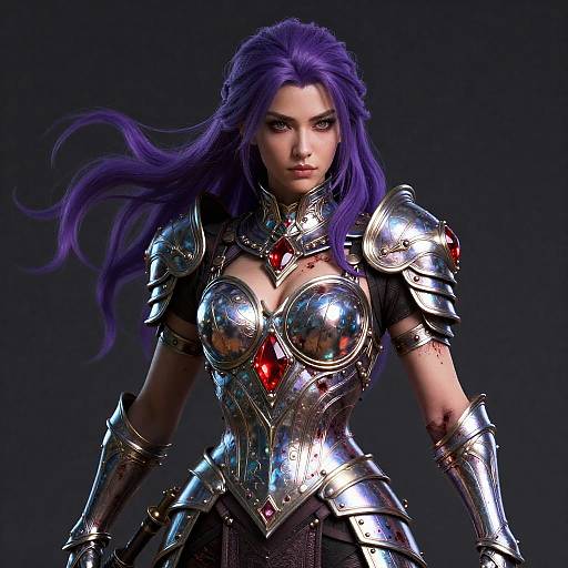 CGI fantasy image of a fierce, purple-haired woman in shiny, silver armor with red gem accents, standing against a dark background.