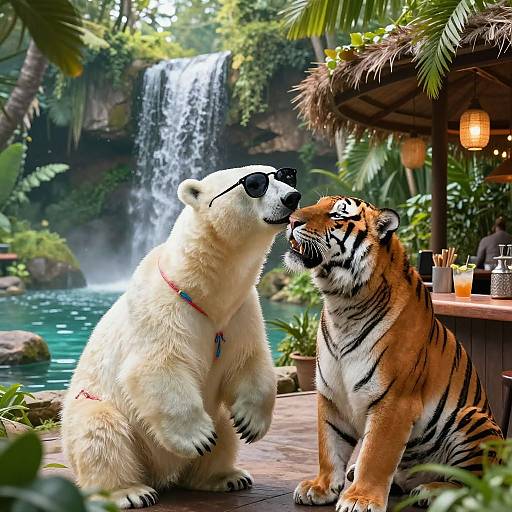 Photograph of a polar bear and tiger sitting on a wooden deck, kissing near a tropical waterfall, with lush greenery and a bamboo bar in the