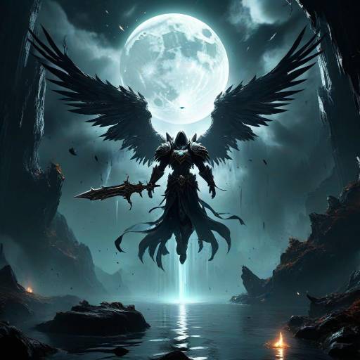 Dark Angel with Sword Under Full Moon