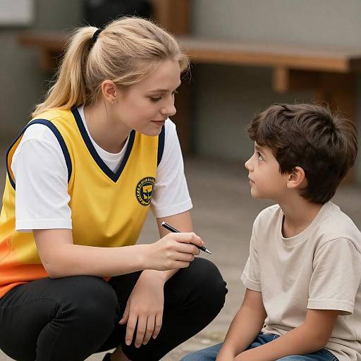 Woman Kneeling, Writing to Young Boy