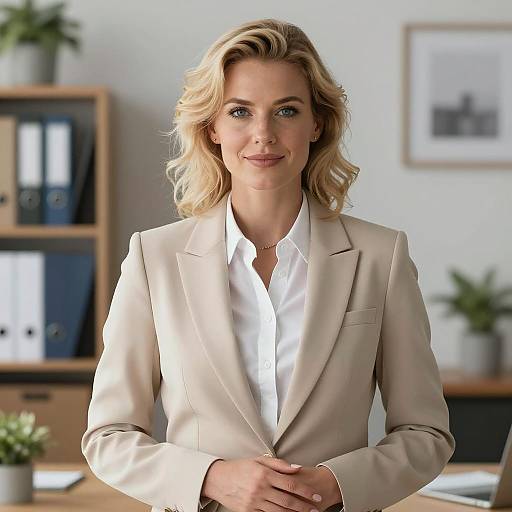 Confident Businesswoman in Beige Blazer