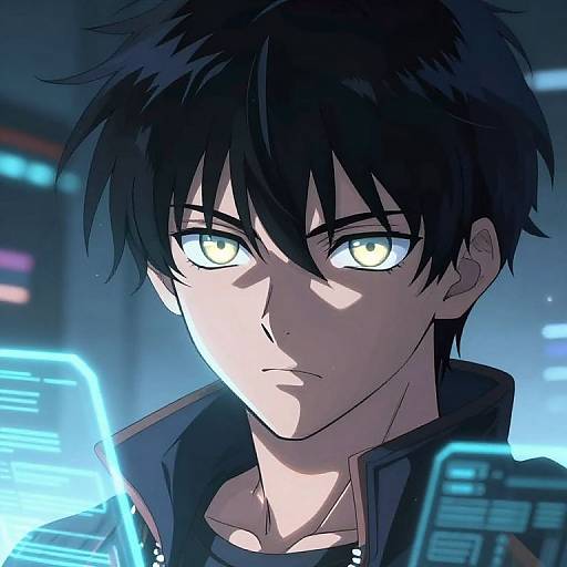 Digital anime-style drawing of a serious young man with black hair, glowing yellow eyes, and illuminated computer screens in a dark, futuristic setting.