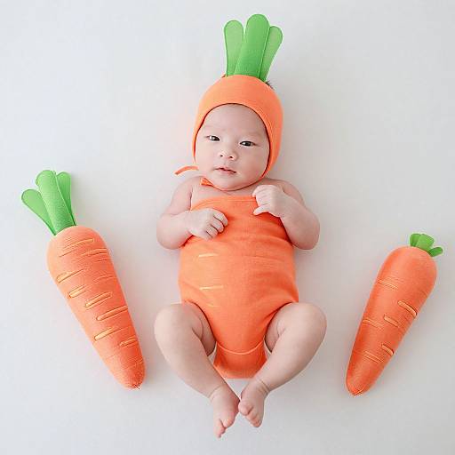 Photograph of a baby in an orange carrot onesie with green leafed top, lying on a white background with two carrot props.