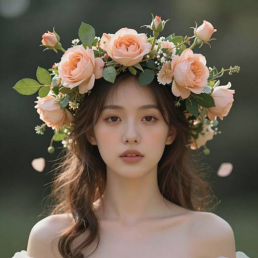 Photograph of a young woman with fair skin and long brown hair, wearing a peach rose and green leaf crown, against a blurred green background. She