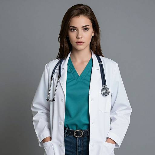 Photograph of a serious young woman with long dark brown hair, wearing a white lab coat, teal shirt, and stethoscope, against a plain