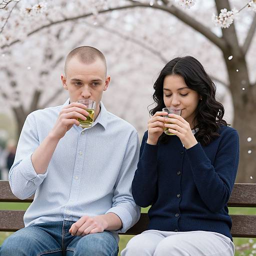 Young Couple Enjoying Spring Cherry Blossoms