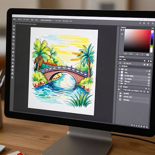 Photograph of a digital illustration on a black monitor showing a colorful, vibrant scene with a red bridge, palm trees, and a sunset over a river