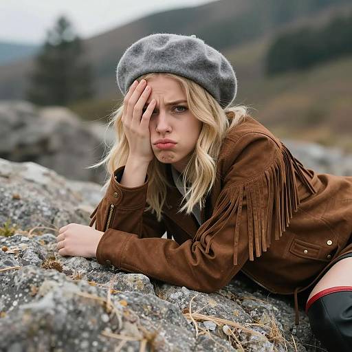 Intense Young Woman on Rocky Surface