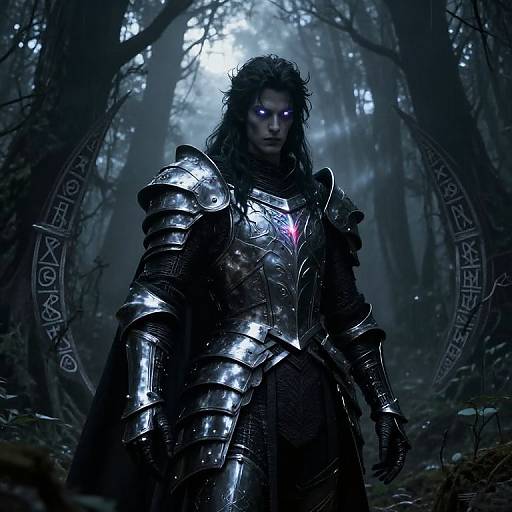 Digital artwork of a fierce, dark-haired warrior with glowing purple eyes, clad in reflective silver armor, standing in a misty, moonlit forest with