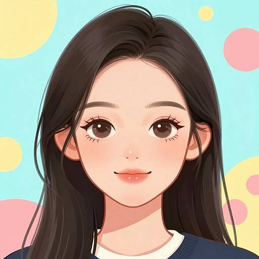 Digital anime-style portrait of a young woman with long black hair, large brown eyes, and a subtle smile, against a colorful polka dot background.