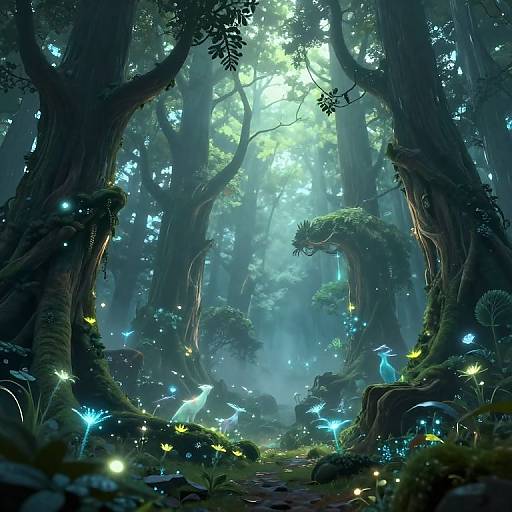 Enchanted forest illuminated by glowing blue fireflies, surrounded by towering, moss-covered trees with radiant sunlight filtering through. Digital fantasy art.