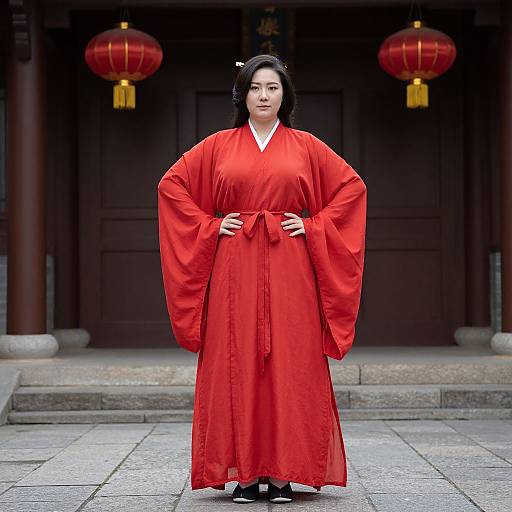 Photograph of an Asian woman with black hair, wearing a vibrant red traditional Korean hanbok, standing confidently in front of a dark wooden building with