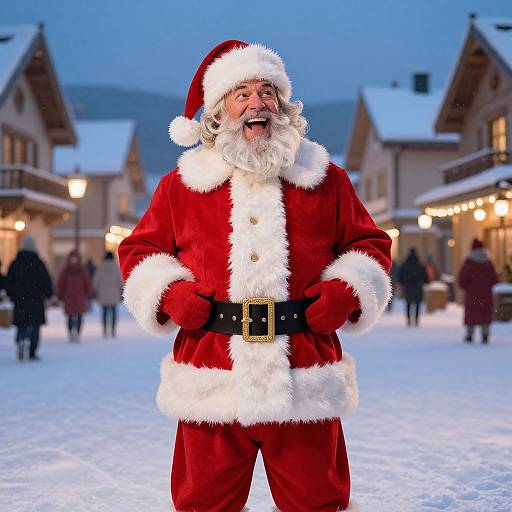 Photograph of a joyful, smiling Santa Claus in a red velvet suit with white fur trim, black belt, and red hat, standing in a snowy