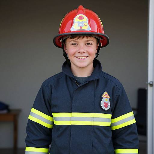 Photograph of a smiling young boy wearing a red firefighter helmet and black firefighter jacket with yellow stripes, standing indoors.