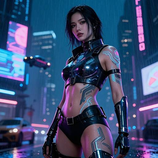 CGI cyberpunk scene of a tattooed, black leather-clad woman with wet hair standing in a rainy, neon-lit city street.