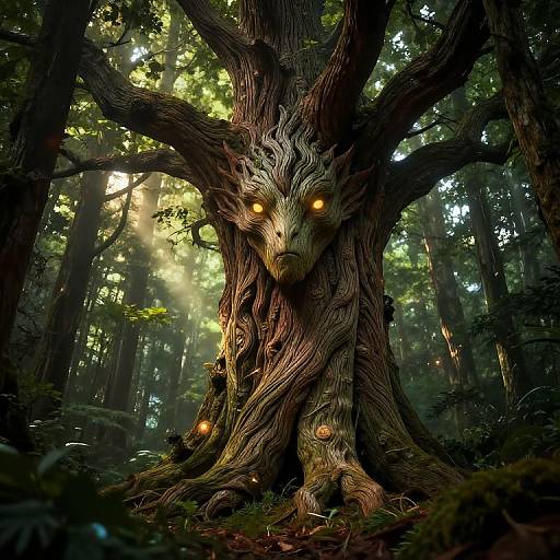Digital fantasy artwork of a menacing, glowing-eyed, twisted tree with gnarled bark in a dense, sunlit forest. Light filters through leaves,