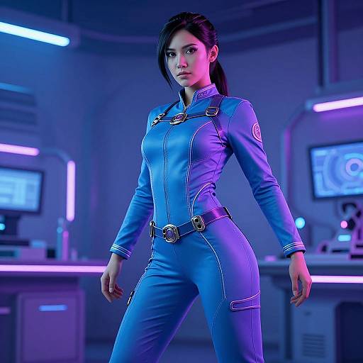 Digital CGI of a confident woman in a form-fitting blue jumpsuit with gold accents, standing in a neon-lit futuristic lab.