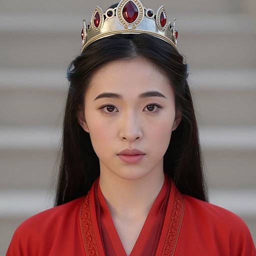 Photograph of an East Asian woman with long black hair, wearing a silver crown with red gems, and a red silk robe, against a blurred gray