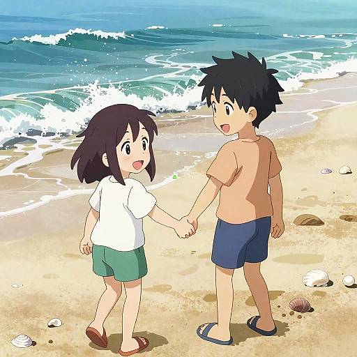 Childhood Friends Holding Hands on Beach