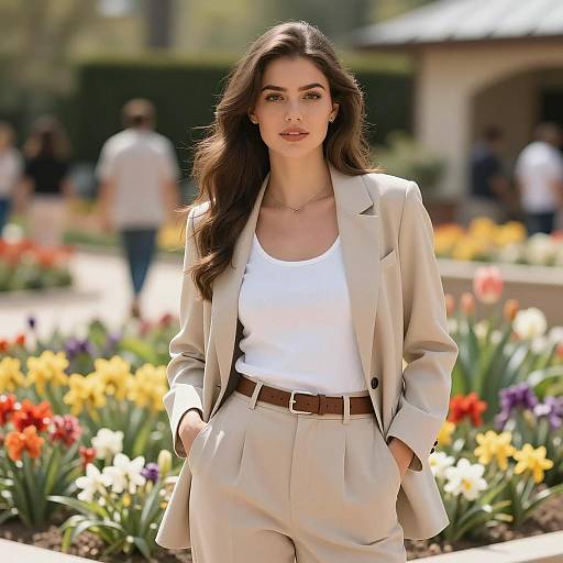 Young Woman in Beige Blazer in Sunny Garden