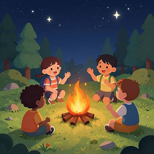 Digital illustration of four children sitting around a campfire at night, with trees and a starry sky in the background, smiling and waving.