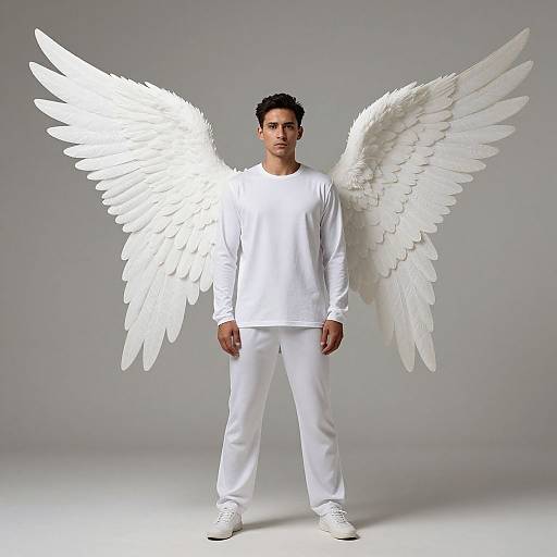 Photograph of a young man with short black hair, wearing a white long-sleeve shirt, pants, and sneakers, with large, white,