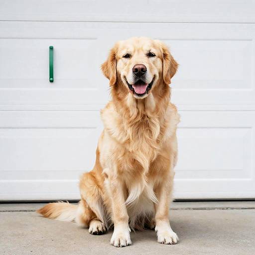 Happy Golden Retriever by Garage Door