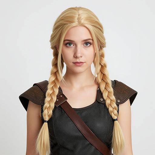 Photorealistic digital portrait of a young blonde woman with braided hair, wearing a black leather top and brown shoulder armor, against a white background.