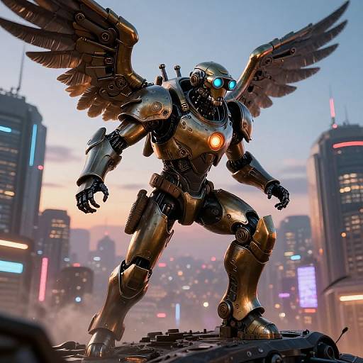 Steampunk Guardian Over Futuristic City