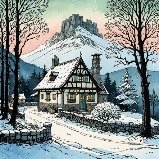 Snowy Medieval Cottage by Mountain at Twilight
