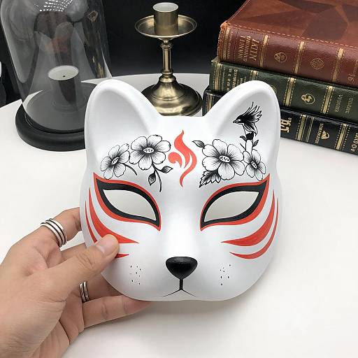 White Fox Mask with Floral Ink Illustration