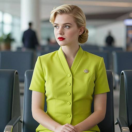 Photograph of a blonde woman with red lipstick, wearing a bright yellow short-sleeved button-up uniform, seated in a modern, blurred office waiting