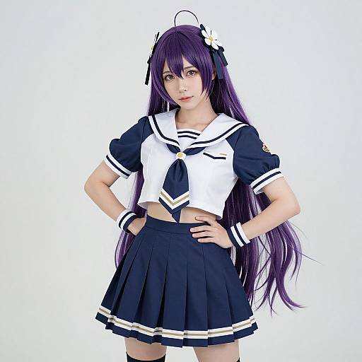 Cosplay photograph of a young woman with long purple hair, wearing a white and navy sailor school uniform, black pleated skirt, and white wristbands