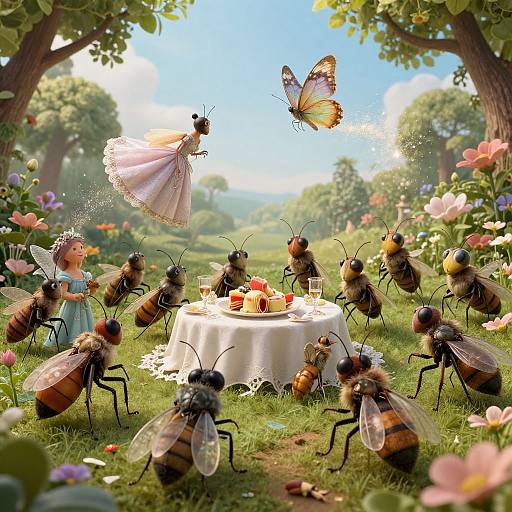 Whimsical digital artwork: fairy in pink dress flies near a table with cake, surrounded by bees and butterflies in a colorful garden.