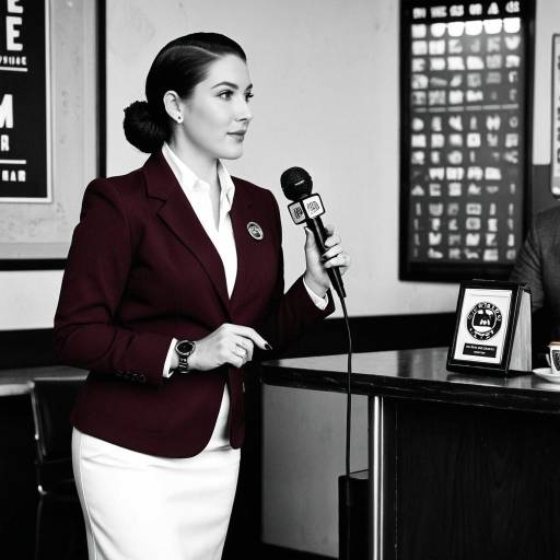 Woman News Reporter Holding Microphone in Cafe