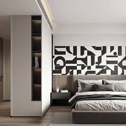 Contemporary Bedroom with Geometric Headboard